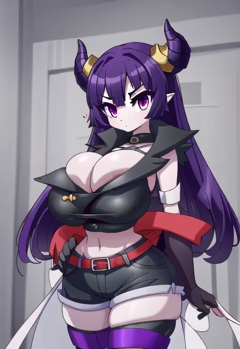 (masterpiece), (absurdres), (1girl), (focus on breasts), (upper body), (solo), (facing viewer), (hands behind back), (atb), (cleavage), (skindentation), (sexy), and (cute) (short) (dragon girl) with (large silver horns with purple lines), (black hair), (re...