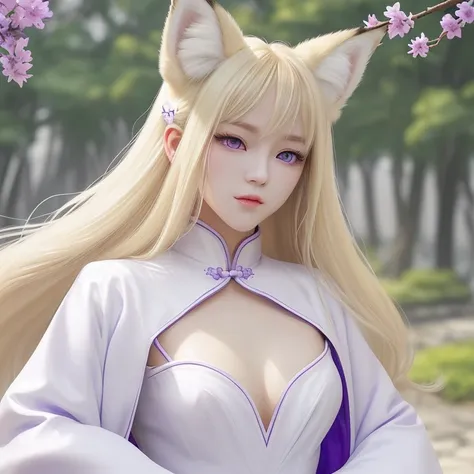 blonde、long hair、fox ears、purple eyes、beauty、(white open-chested chinese dress)、fantastic background、looking at the camera、white...