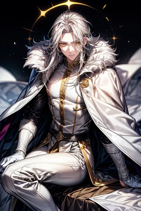 male, long silver tousled hair, White fur cape, yellow eyes, adult face, adult,