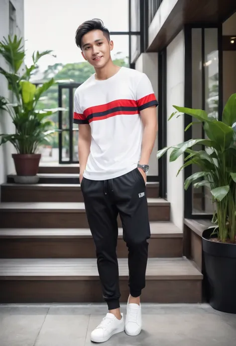 realistic photo 1:4)) 22 year old indonesian young man, handsome asian from indonesia wearing a white t-shirt, detailed, black a...