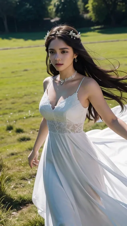 (beautiful girl) Wearing a white royal gown, grass background, 4K quality, fantasy 