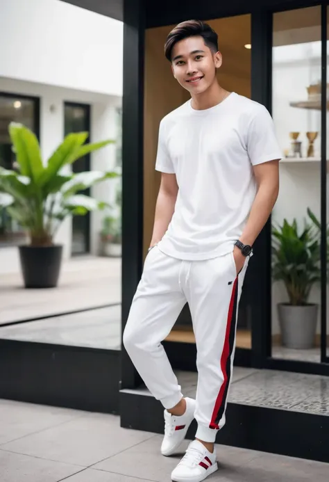 realistic photo 1:4)) 22 year old indonesian young man, handsome asian from indonesia wearing a white t-shirt, detailed, black a...