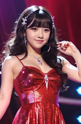 1 girl, alone, highest quality, masterpiece , Ruby Hoshino,  hair ornaments, shining eyes, stars above the eyes, (star in the right eye:1), (dress:1.4), (concert 1), on the stage,