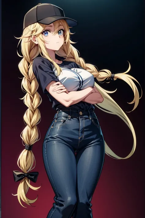 a very hot anime girl with very long blonde hair holding a baseball cap, 1girl, braid, solo, twin braids, long hair, breasts, blonde hair, blue eyes, hat, pants, large breasts, baseball cap, shirt, crossed arms, looking at viewer, black headwear, long slee...