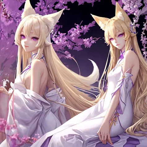 blonde、long hair、fox ears、purple eyes、Beauty、(White Chinese dress with open shoulders and exposed shoulders)、fantastic background、looking at the camera、white coat、whole body、