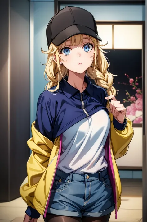 a beautiful young woman who is wearing a jacket and hat looks up at the camera, 1girl, solo, braid, shorts, long hair, blonde hair, blue eyes, hat, pantyhose, baseball cap, looking at viewer, breasts, bangs, jacket, black headwear, shirt