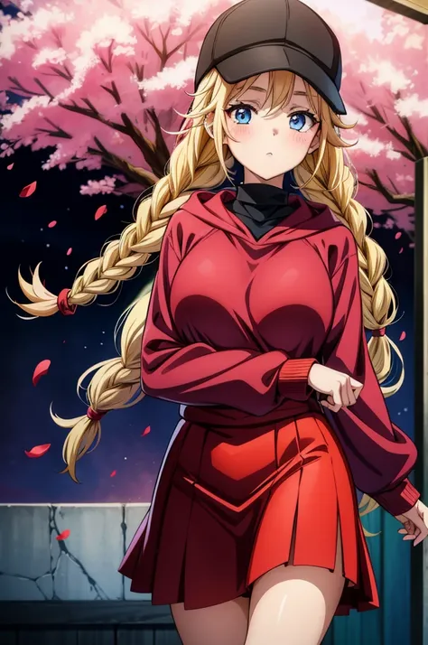 an anime style woman wearing a hat with a red hoodie and a skirt, 1girl, solo, braid, breasts, blonde hair, twin braids, red sweater, hat, long hair, blue eyes, sweater, , blush, black headwear, long sleeves, petals, turtleneck, baseball cap