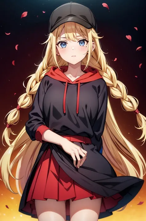 a lady with long blonde hair in a red skirt and a black shirt talking on a phone, 1girl, solo, long hair, blonde hair, skirt, braid, blue eyes, red hoodie, petals, hat, breasts, blush, looking at viewer, pleated skirt, black headwear, baseball cap, long sl...