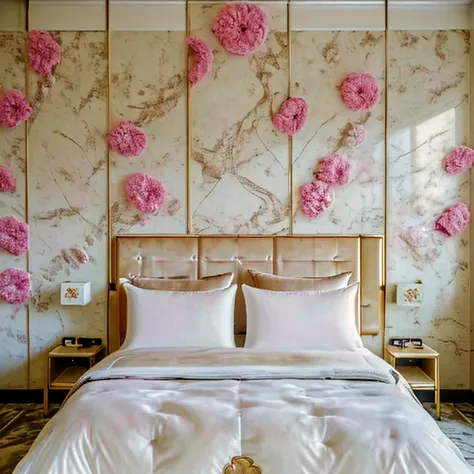 hotel，Double bed room，photo，Velvet flowers，Elegant，White，Velvet flowers，wall decoration，decorate，Velvet flowers，WhiteVelvet flowers