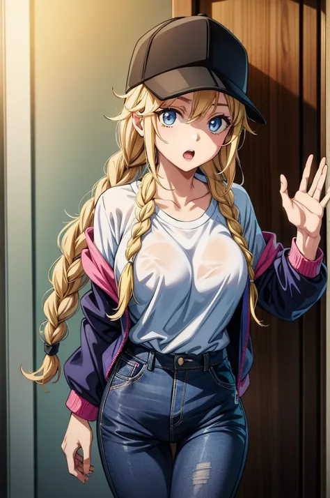 an attractive anime female character in a t-shirt and baseball cap, 1girl, solo, breasts, blonde hair, hat, blue eyes, twin braids, braid, shirt, long hair, open mouth, pants, looking at viewer, jacket, white shirt, blue jacket, black headwear, baseball ca...