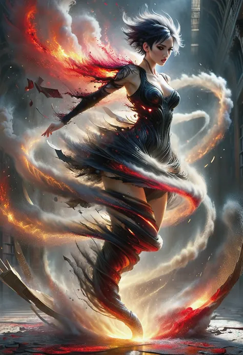 teen girl, library, art by Carne Griffiths and Wadim Kashin, tear books, destroy books, damage books, stockings, fantasy background, aflame shade, Darkness, blood, devastate library, red and black, stockings, short pixie cut with undercut, angry, rebelliou...