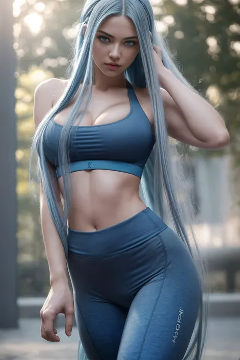 (((ultra realistic))), photo, (masterpiece, best quality trending on artstation), (long blue hair:1.2), (detailed eyes:1.2), detailed hair, (detailed skin and pores:1.3), large breasts, massivecleavage, (grey sports bra:1.1), yoga pants, slim waist, perfec...