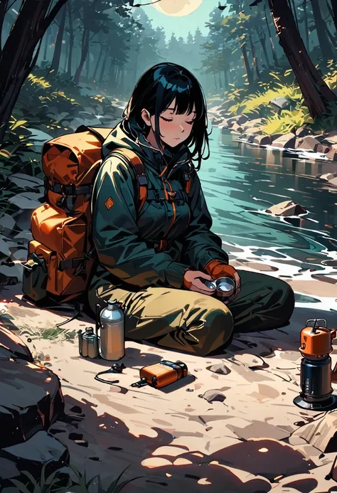 girl, forest, river, nature, moon night, backpack, sleeping bag, camping stove, water bottel, mitts, flashlights, rock, wood, sm...