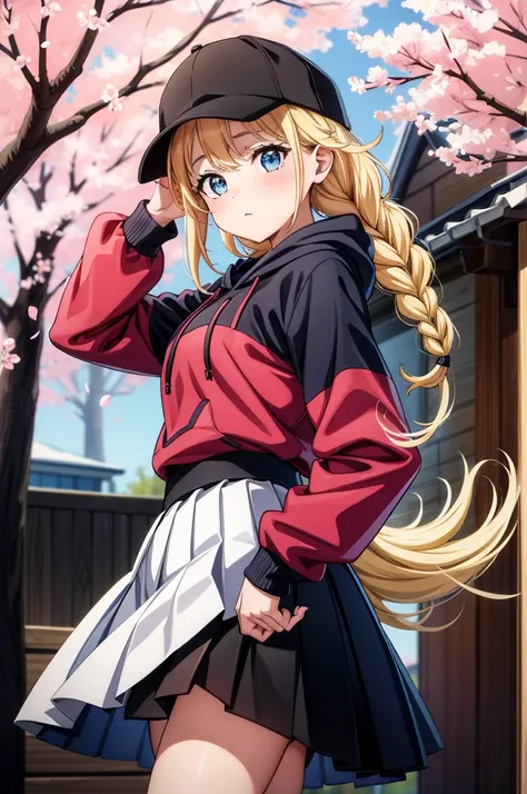 the image of a pretty girl poses in front of some cherry trees, 1girl, solo, braid, blonde hair, long hair, hat, twin braids, blue eyes, hood, skirt, black skirt, black headwear, breasts, baseball cap, pleated skirt, hoodie, looking at viewer, red hoodie, ...