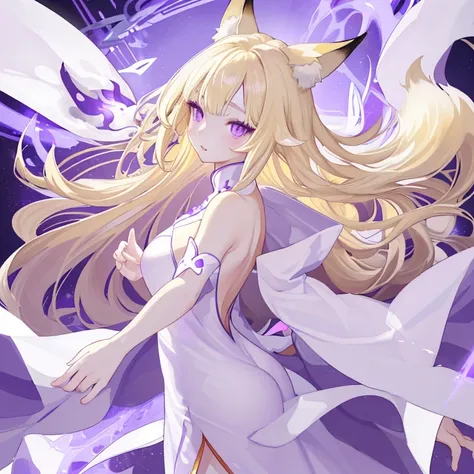 blonde、long hair、fox ears、purple eyes、beauty、(white chinese dress with open shoulders and exposed shoulders)、fantastic backgroun...