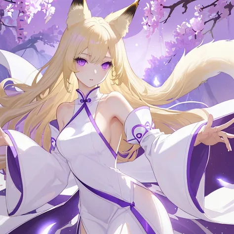 blonde、long hair、fox ears、purple eyes、beauty、(white chinese dress with open shoulders and exposed shoulders)、fantastic backgroun...