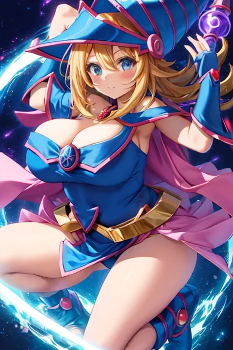 huge tit，cleavage，Anime girl with a sword and hat on her head, Black Magician Girl, beautiful dark magician girl, female mage!, dark magician girl from yu-gi-oh, pretty sorceress, flirty anime witch casting magic, hero 2 d fanart artsation, mighty plump fe...