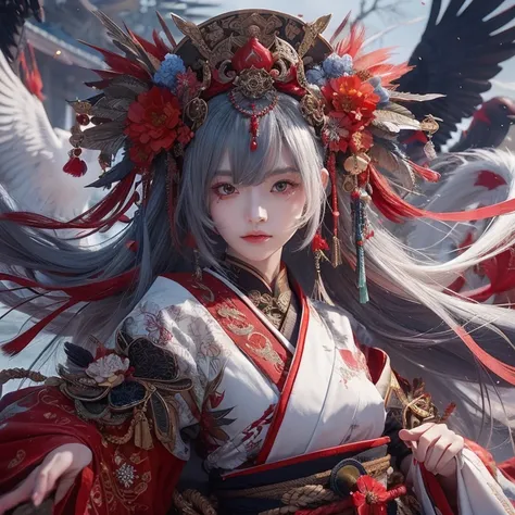 cute girl with red eyes and a red headpiece with birds in the background, onmyoji detailed, onmyoji, realistic