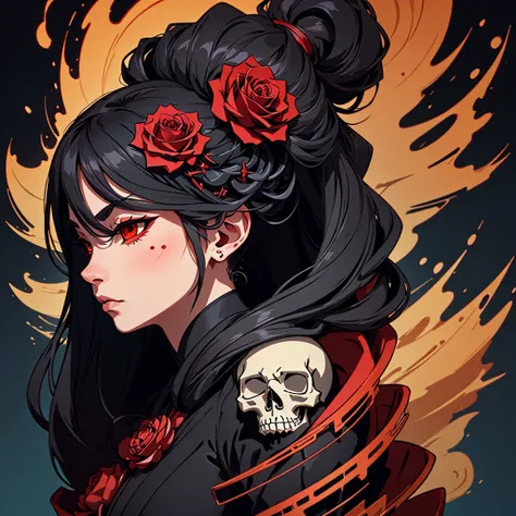 High quality, masterpiece, ultra high detail, vector art, dark, skull, isolated black background, red rose, ukiyo-e