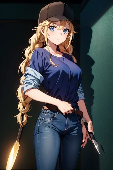 a cartoon cartoon with a hat and jeans is standing with a knife on her belt, 1girl, solo, hat, braid, twin braids, blue eyes, breasts, blonde hair, shirt, long hair, large breasts, blue shirt, jacket, shirt tucked in, looking at viewer, baseball cap