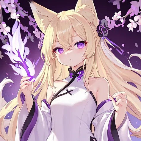 blonde、long hair、fox ears、purple eyes、Beauty、(White Chinese dress with open shoulders and exposed shoulders)、fantastic background、looking at the camera、white coat、whole body、