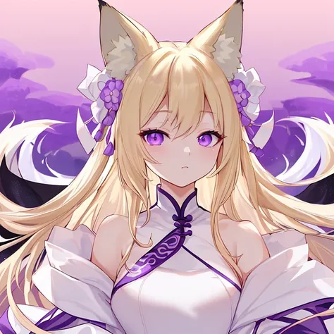 blonde、long hair、fox ears、purple eyes、Beauty、(White Chinese dress with open shoulders and exposed shoulders)、fantastic background、looking at the camera、white coat、whole body、