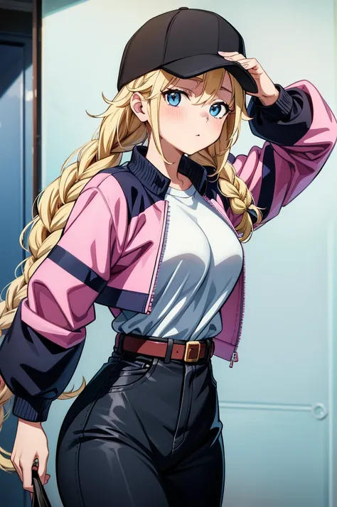 a picture of an image of a female cartoon holding a cell phone, 1girl, solo, twin braids, hat, braid, blonde hair, blue eyes, breasts, black headwear, shirt, long hair, looking at viewer, baseball cap, jacket, blush, pink jacket, holding, long sleeves, bel...