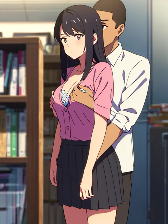 shinkai makoto, kimi no na wa., 1boy, buzzcut,office suit, boy caressing girls body, kiss cheeks, passionate hug, boy is hugging from behind, breast groping from behind, 1girl, bangs, black hair, brown eyes, Twisted Half Up, red ribbon, long hair, yellow b...