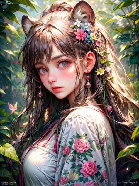 (best quality,realistic,8K,high resolution),cute girl, pretty girl, sexy white tiger, lush green garden, vibrant flowers, whimsical butterflies, sparkling sunlight, dreamy atmosphere, soft pastel colors, captivating gaze, flawless complexion.