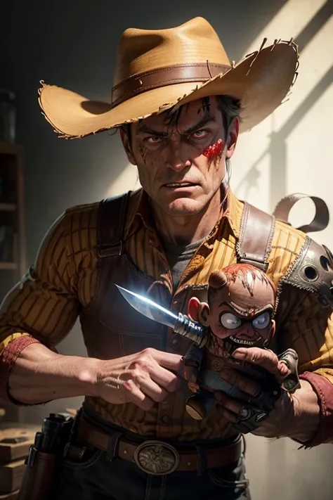 Photorealistic illustration of Woody the cowboy doll from Toy Story, extremely detailed rendering of his vintage plastic molded face with menacing furrowed brow and narrow glowing red evil eyes, mouth curled into a sinister sneer revealing clenched teeth, ...