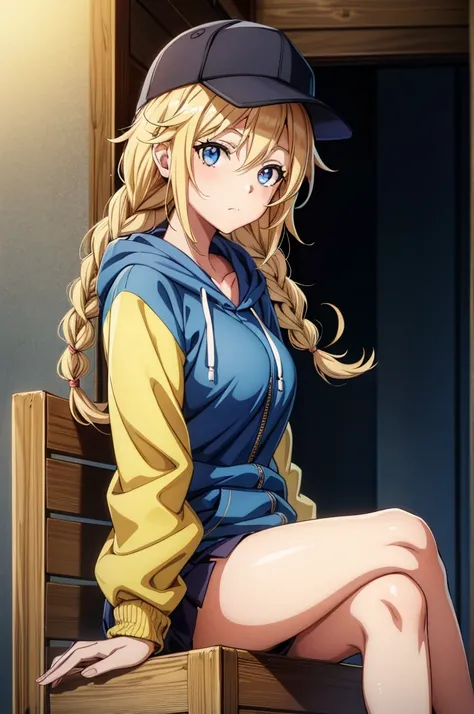 an anime style woman in baseball cap with blonde hair sitting on top of a wooden crate, 1girl, braid, solo, blonde hair, long hair, blue eyes, twin braids, hat, breasts, hood, sitting, baseball cap, hoodie, looking at viewer, closed mouth