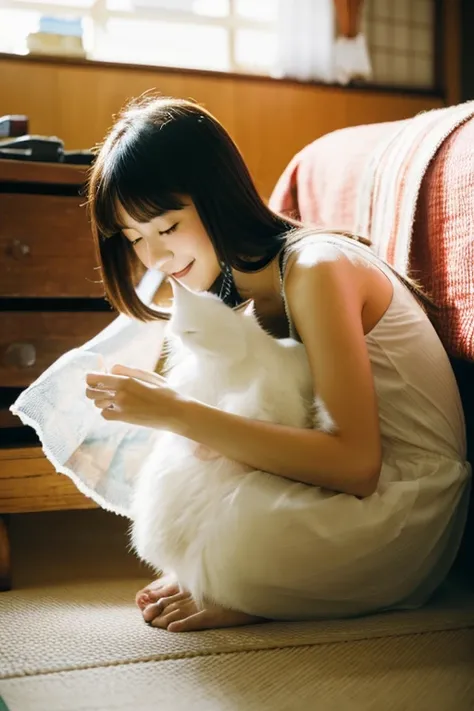 A super beautiful Japanese woman playing with a kitten