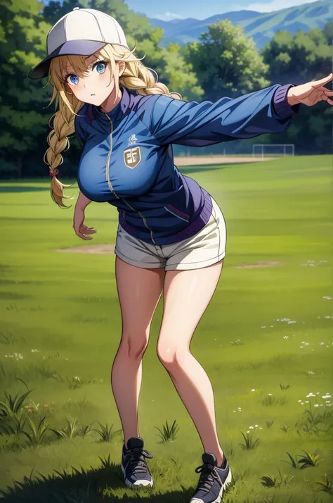 a girl with blonde hair is bending over on a field near a pitcher, 1girl, solo, shorts, braid, long hair, hat, blonde hair, blue eyes, breasts, grass, baseball cap, twin braids, outdoors, jacket, looking at viewer, pantyhose, large breasts