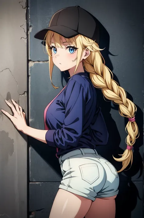 a very feminine looking anime cartoon girl leaning against a wall with her tits peaking out, 1girl, solo, braid, long hair, hat, shorts, blonde hair, blue eyes, ass, baseball cap, looking at viewer, against wall, shirt, black headwear,Eiko Tsukimi, blue ey...