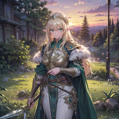 (((masterpiece))), (((best quality))), ((ultra-detailed)), (illustration), (detailed light), ((an extremely delicate and beautiful)), A Royal Female elf guard with long blonde hair wearing a majestic white green armor with green fabric and white armored pl...