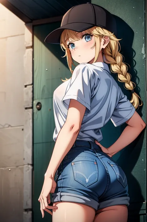 a anime girl posing with a hat on and shorts on standing next to a wall, 1girl, solo, long hair, shorts, braid, blonde hair, den...