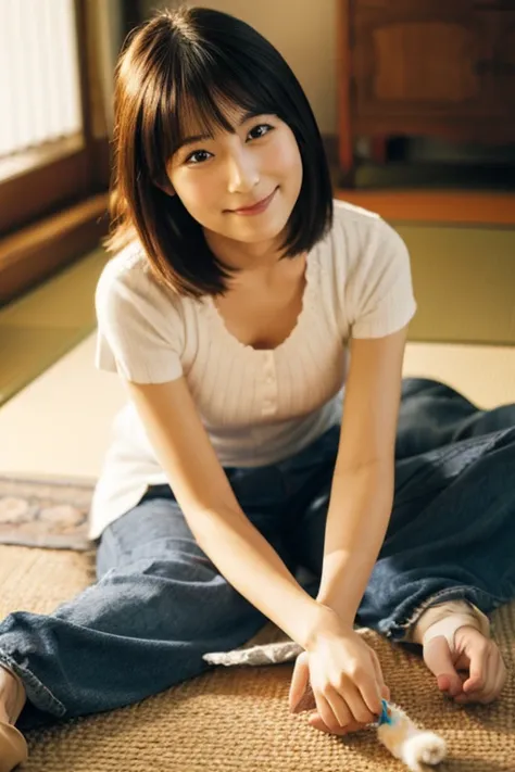 A super beautiful Japanese woman playing with a kitten