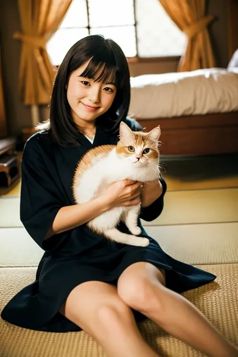 A super beautiful Japanese woman playing with a kitten