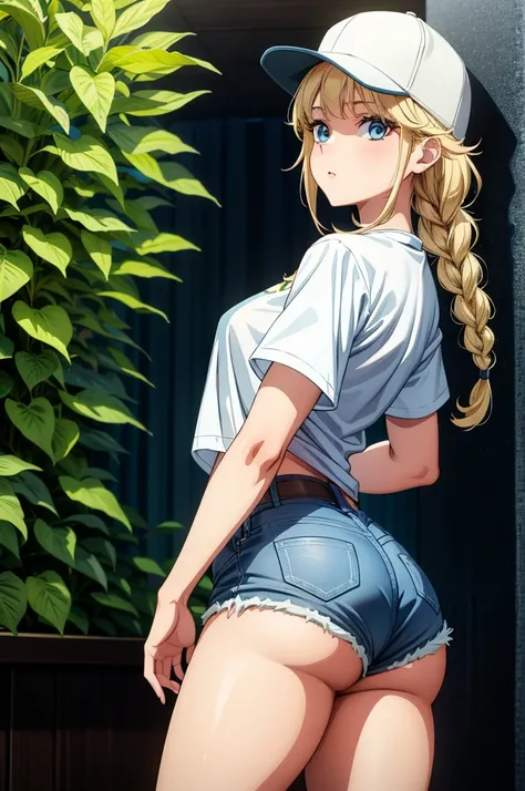 a sexy girl posing at a green wall with jeans and a baseball hat, 1girl, shorts, braid, solo, blonde hair, long hair, hat, blue eyes, baseball cap, ass, shirt, thighs, looking at viewer, short shorts, breasts, denim, white shirt, short sleeves, denim short...