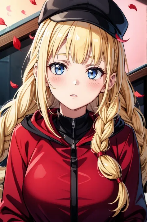 the girl with blonde hair with a red top and black jacket is staring at the camera, 1girl, solo, braid, blonde hair, hat, blue eyes, baseball cap, long hair, upper body, petals, blush, breasts, hood, looking at viewer, jacket, black headwear, bangs