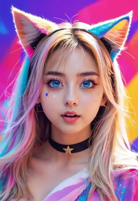 (masterpiece, best quality), ((1 girl, (adult) long hair), (star shaped pupils,  +_+, Symbol shaped pupils, Bright Eyes), (cat ears, open mouth)), (looking at the audience, faint smile, Off the shoulders), (Abstract, colorful background, Abstract backgroun...