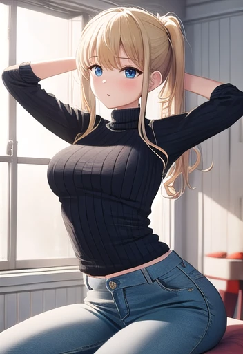 masterpiece,best quality,ultra detail,girl, 14 year old, black jeans, christmas sweater, christmas tree, sitting, blonde hair, blue eyes, long hair, stretching, arms up, blush, wide hips