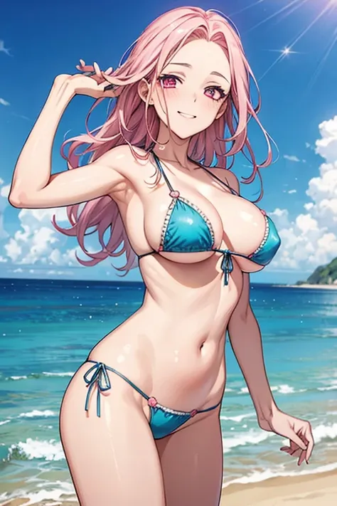 Masterpiece, highest quality, beautiful background, (sea,sky), gravure idol, sexy pose, string bikini, pink hair, pink eyes, the most beautiful woman in the world, the best style, sparkling eyes, detailed eyes, beautiful face,A bursting smile,Forehead expo...