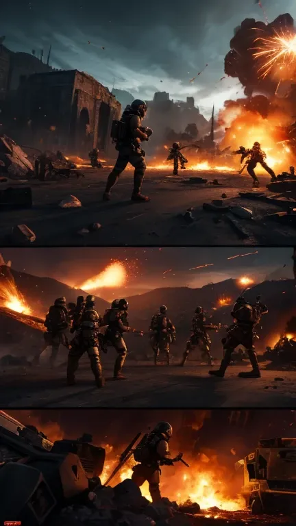 Epic confrontation scenes between the resistance and Nébulecorp forces, with explosions and hand-to-hand combat amid a backdrop of chaos