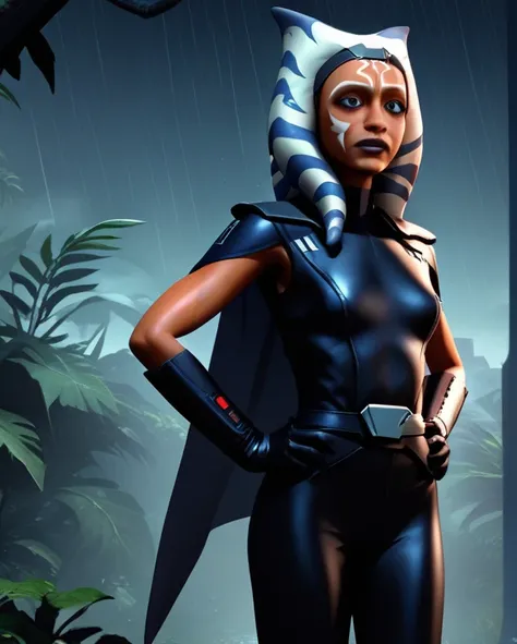 zPDXL, source_anime,
BREAK
ahsoka tano, cape, armor,black gloves,tight bodysuit,black cape,black pants,
BREAK
close-up, solo, standing, front view, medium breasts, hands on hips, wide hips,
BREAK
x3dce, 3d, jungle background, dense vegetation, rain, night,...