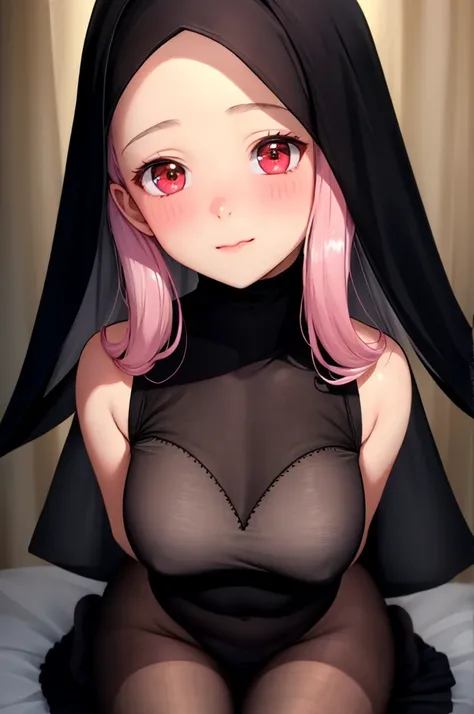 A nsfw portrait of a girl wearing a hijab with black tulle pantyhose, her small feet visible, and a blushing face. The image is of the best quality, ultra-detailed, and realistic (with a 1.37 strength). The artwork is created by a professional artist using...