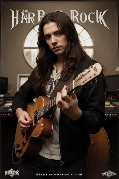 Dark old-style hard rock album cover with a long-haired man with a guitar looking at the strings and playing