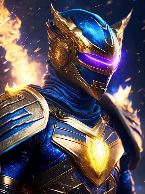 gloomy portrait of Gold Ranger Horseman of the Apocalypse from Power Rangers, extremely detailed, futuristic cityscape, nighttime, glowing neon lights, smoke, sparks, metal shavings, flying debris, blue energy effects, volumetric light