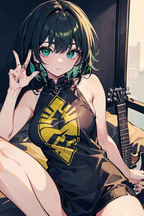 ((1 girl)), punk, Dark circles in the eyes, sloppy face, peace sign, metal rock, sit, guitar, cowboy shot,((Super detailed,highest quality, High resolution, fell, Sloppy, lazy and lazy,lethargy, 8k wallpaper, beautiful clothes,)),((black hair, Matte green ...