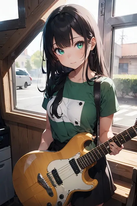 ((1 girl)), punk, Dark circles in the eyes, sloppy face, metal rock, sit, guitar, cowboy shot,((Super detailed,highest quality, High resolution, fell, Sloppy, lazy and lazy,lethargy, 8k wallpaper, beautiful clothes,)),((black hair, Matte green accent color...